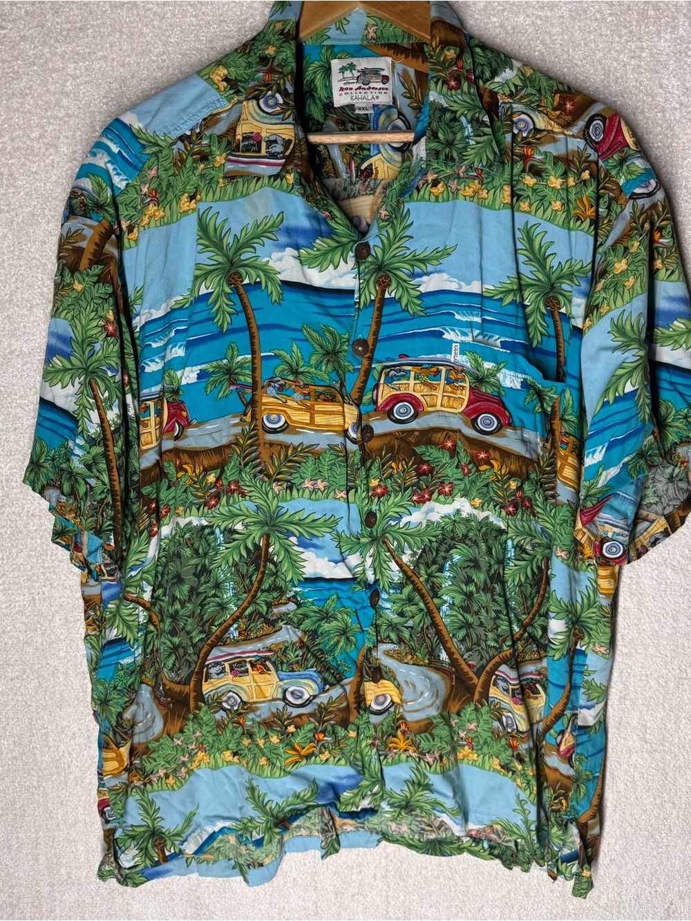 Vintage Kahala Paradise Island Hawaiian Shirt Men's XXL Woody Cars Palm Trees